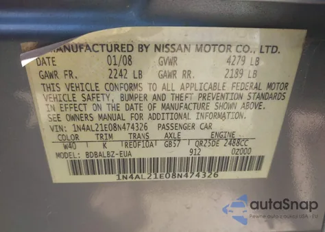 2008 Nissan Altima 2.5 S from USA, damaged, VIN 1N4AL21E08N474326